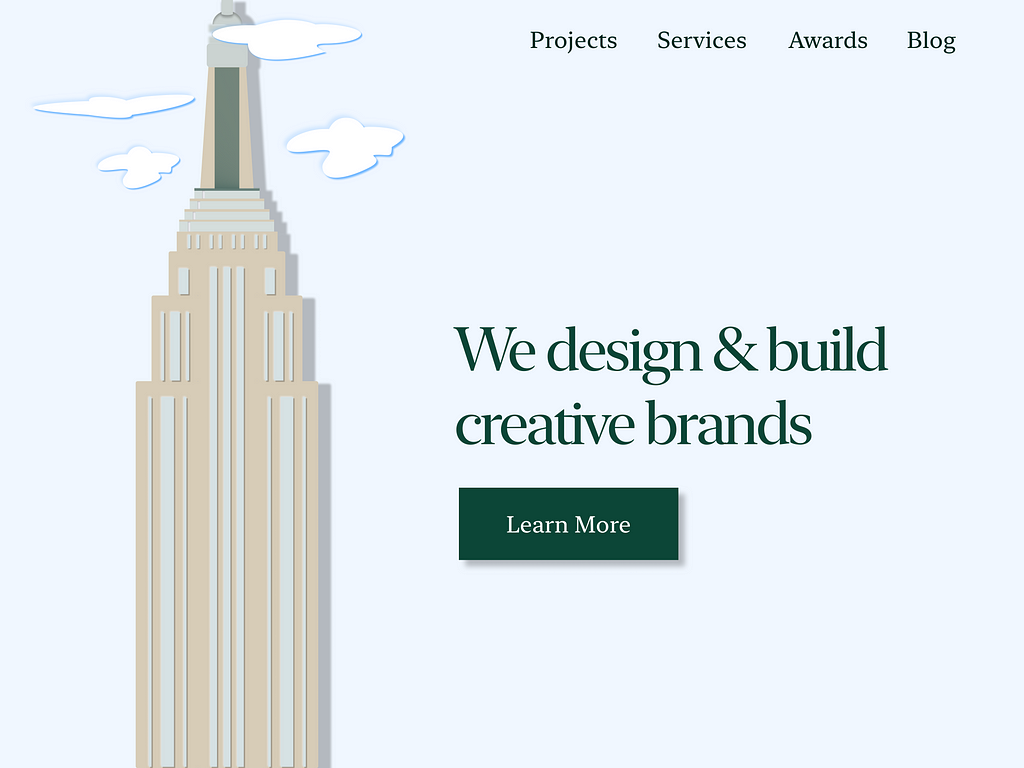 A website concept for a creative agency created using cool colors. Features an animated Empire State as the hero image.