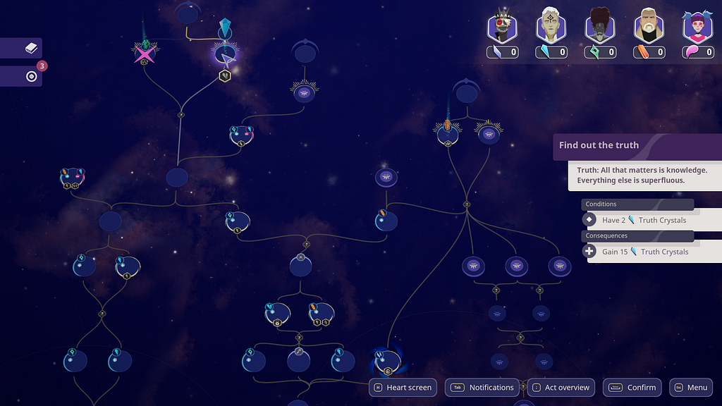 a screenshot of Harmony: Fall of Reverie’s Augural, showing a map of the choices leading to different consequences, with “Find out the truth” highlighted at the end of the map