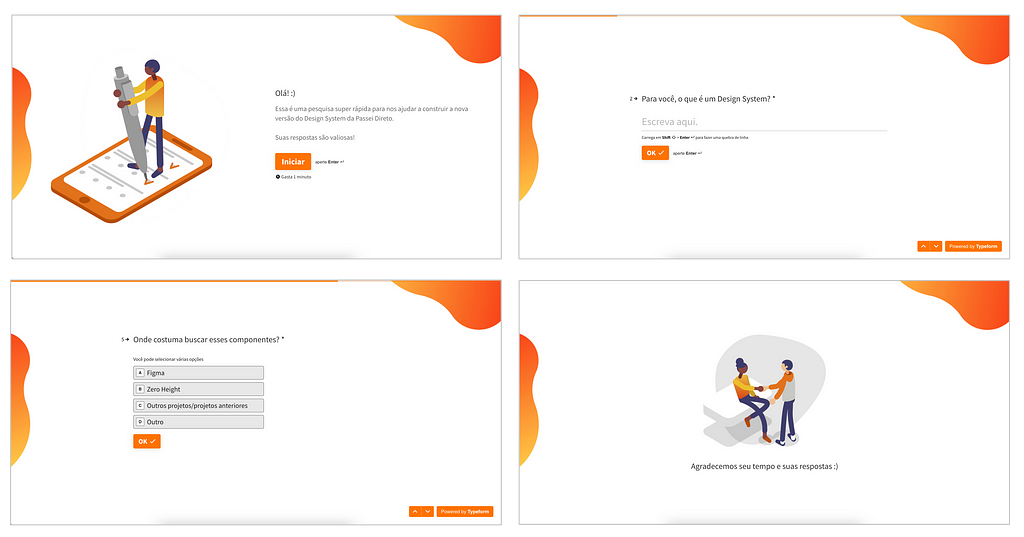 Quatro prints mostrando telas do Typeform da pesquisa