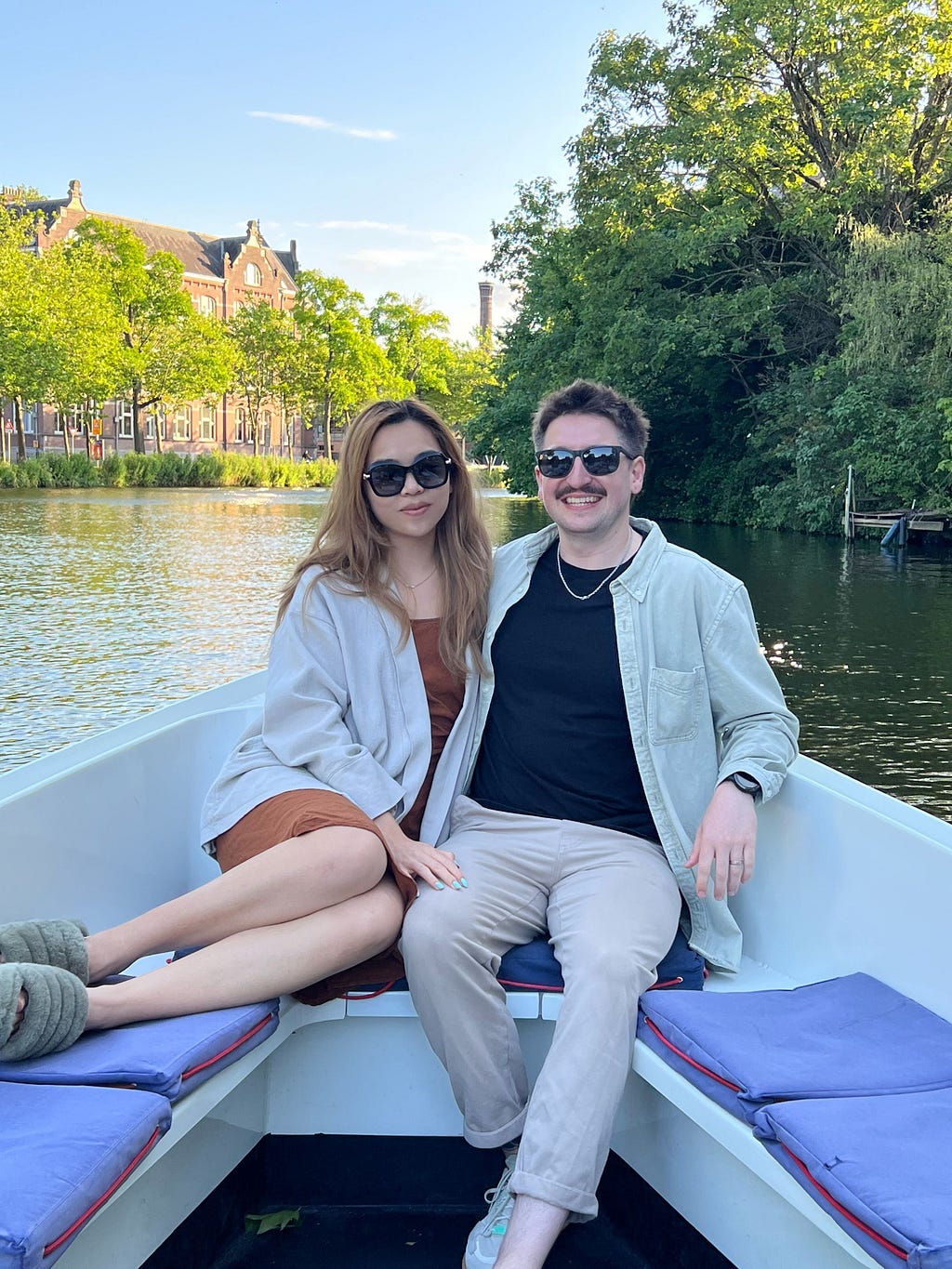 Michelle and husband on a canal cruise in Amsterdam