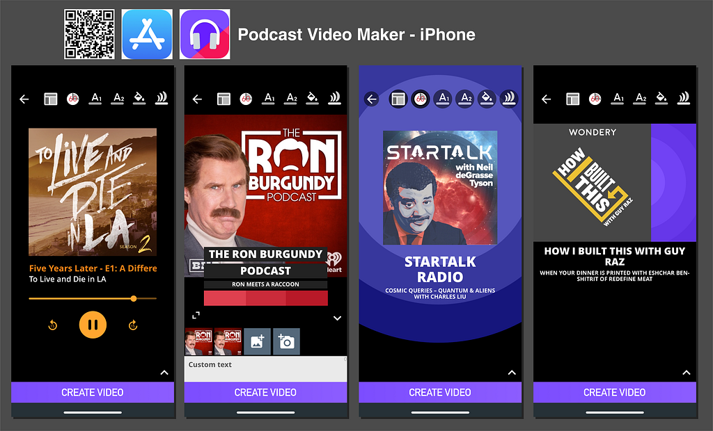 Podcast Video Maker — iPhone App — creates animated neon signs for your podcast, as short videos, optimized for social media.