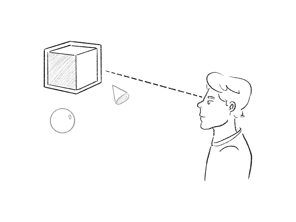 Sketch of a person’s eye line looking at a 3X cube floating in air