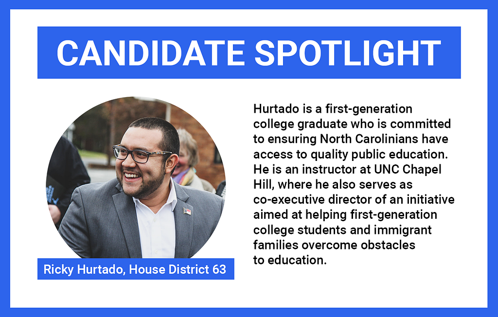 Photo of Ricky Hurtado, Democratic nominee in NC HD63 with blurb about his commitment to quality public education.