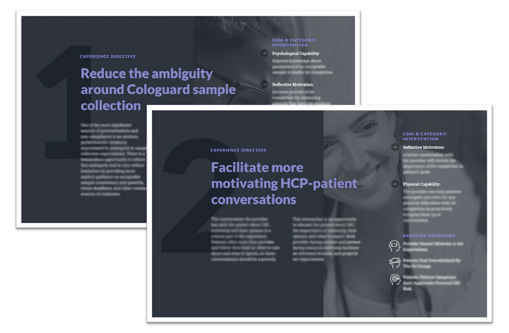 Image of pages from a strategy playbook that include blurred text referencing behavioral interventions