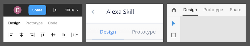 Design and Prototype tabs in popular UI design tools