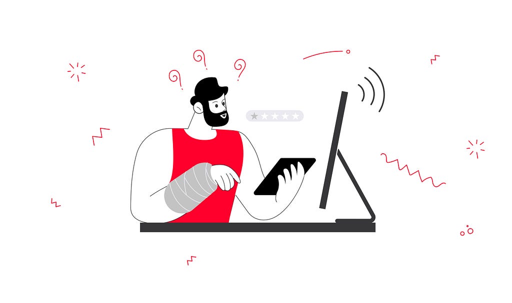Illustration showcasing man with broken hand holding smartphone and having troubles using it.