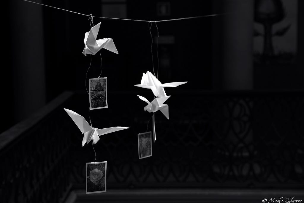 Black and white image of origami figures hanging on a wire with photographs of flowers attached to them.