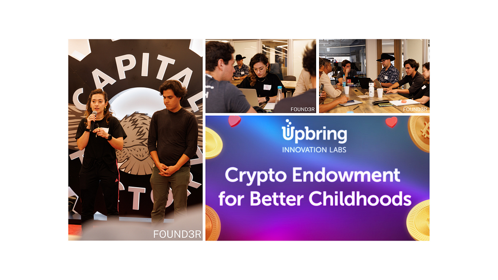 Photo collage of author’s team efforts for pitch deck and presentation, including Upbring Innovation Labs Crypto Endowment for Better Childs graphic.