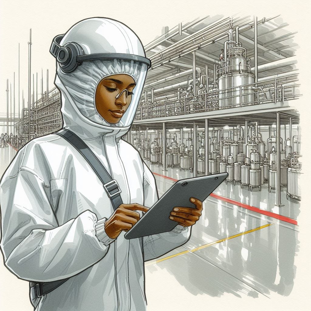“a human wearing modern PPE in a clean and pleasant industrial facility, 1970s watercolor Epcot concept art,” generated by AI.