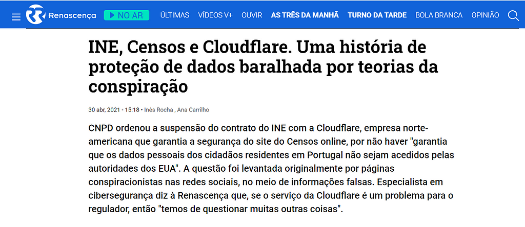 cabeçalho notícia renascença: INE, Censos e Cloudflare. Uma história de proteção de dados baralhada por teorias da conspiração.