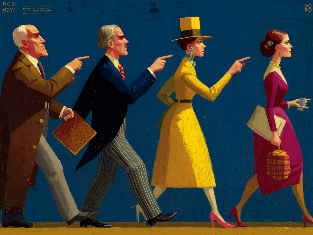 Illustration of four figures each pointing to the next person, with nobody accepting responsibility.