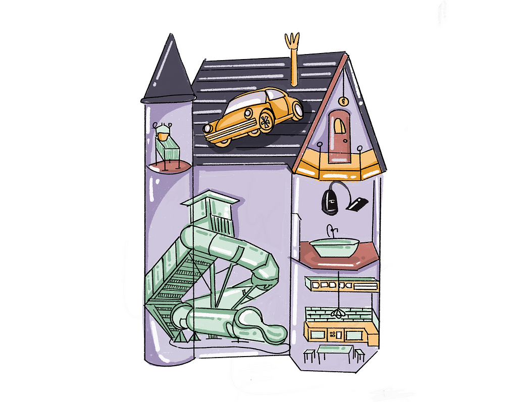 An illustrated, fairy-tale-esque house with see-through walls shows various rooms inside; there’s a normal-looking kitchen, bathroom, and bedroom, but there’s a water slide in one room and a yellow car on the roof.