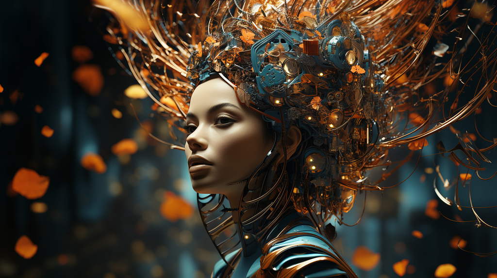 A striking 3D illustration of a woman with a futuristic and intricate mechanical headdress. The headdress is made up of an array of copper wires, gears, and electronic components, blending into her form and suggesting an advanced cybernetic augmentation. Her expression is serene and contemplative, and the dark background with floating golden leaves adds a surreal, ethereal quality to the image.