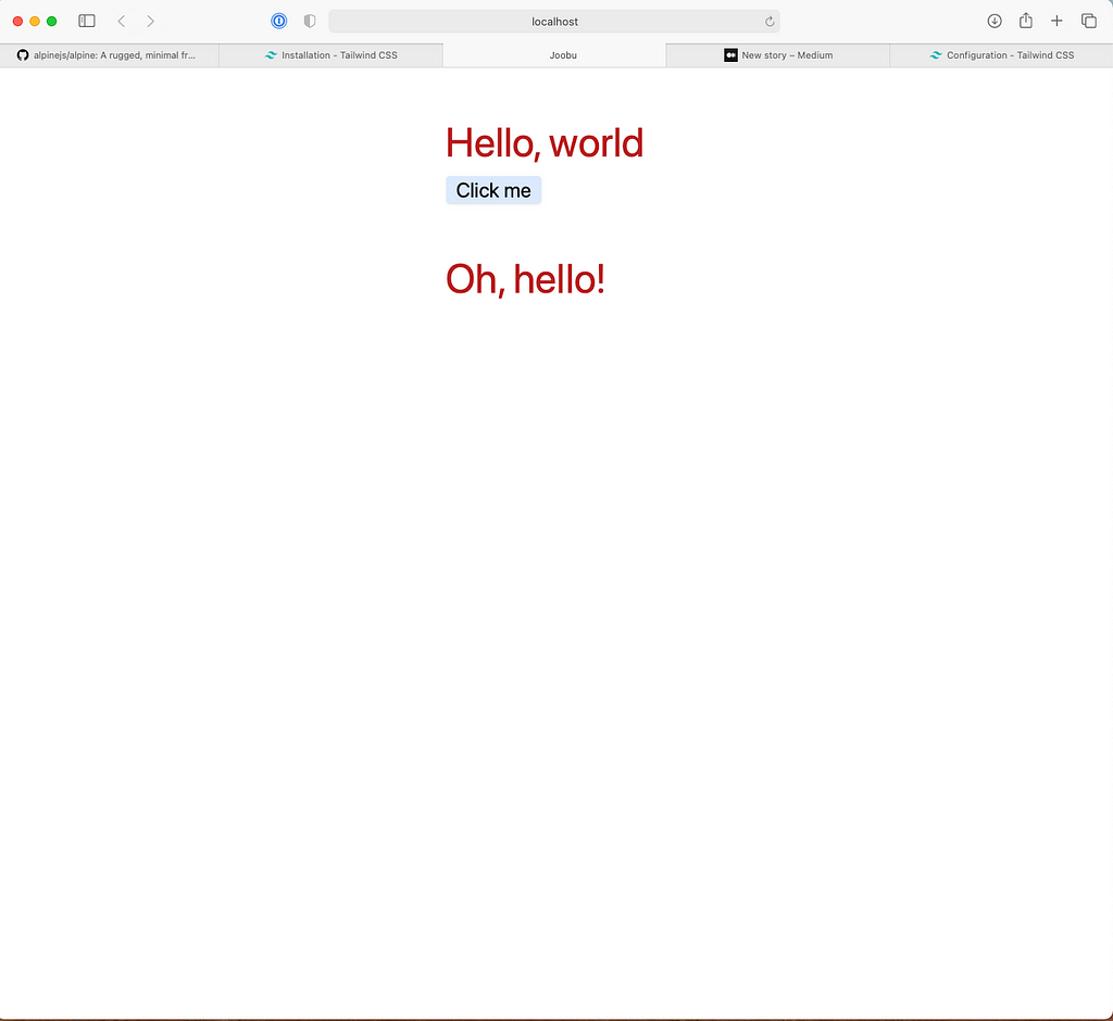 A page with “Hello, world”, a blue button, and “Oh, hello!” under it.