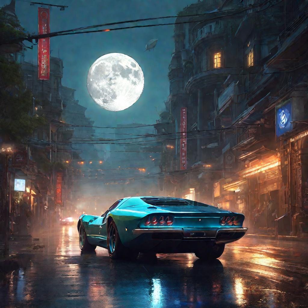 A fast car speeding down a wet street in front of a big moon, futuristic art by senior concept artist, cgsociety, fantasy art, matte painting, storybook illustration