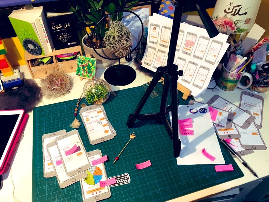 An image of a messy office shows the behind scene of the paper prototyping process.