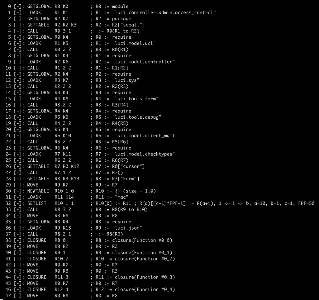 A screenshot of some Lua bytecode.