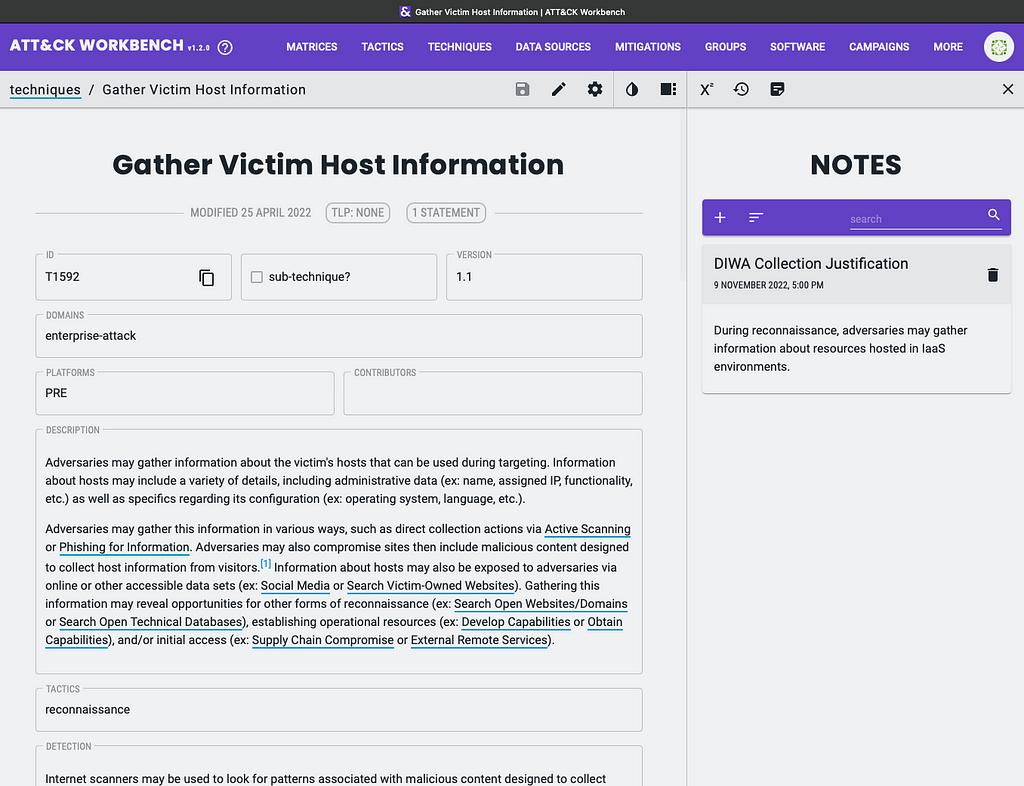 A screen capture of the Attack Workbench tool which was used to create the IaaS collection