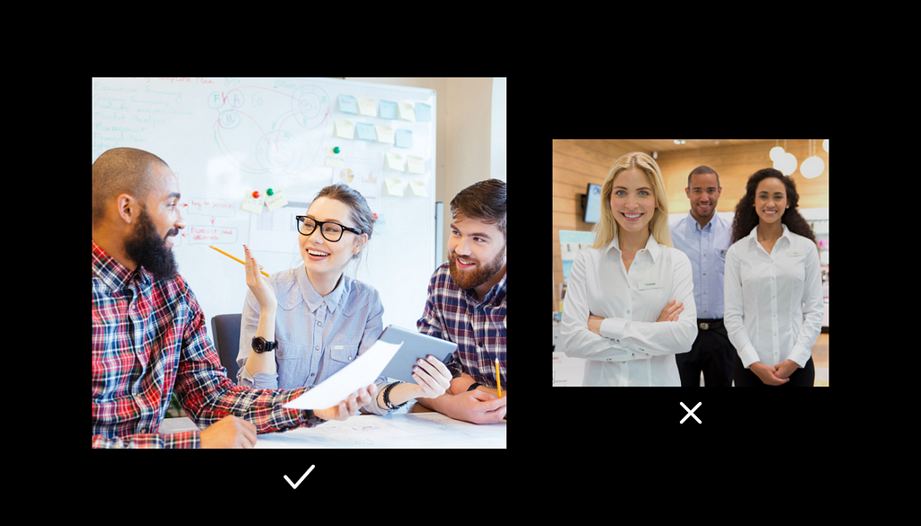 Two different stock photos showing employees together. One is in motion, and one is posed.