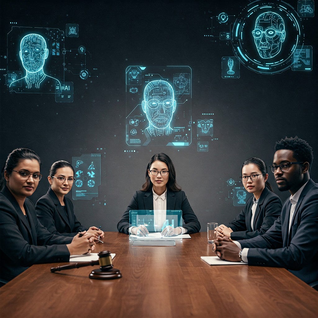 Digital art of AI arbitration panel