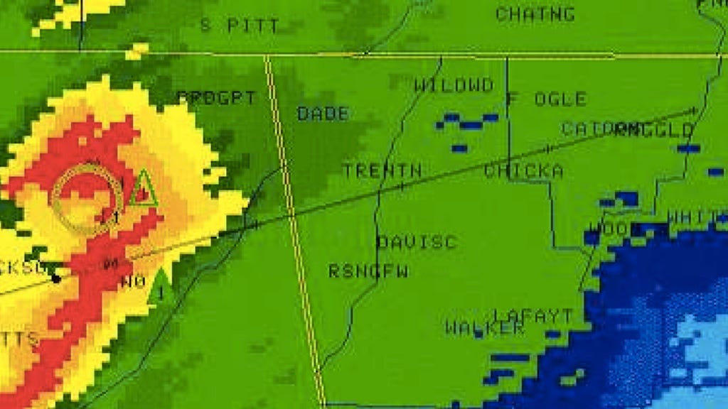 A screen capture of a weather radar map showing a storm system moving over North Georgia