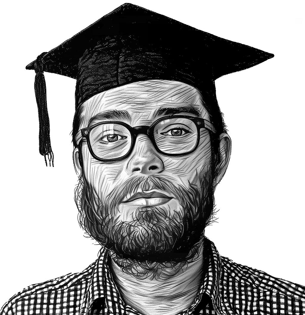 An illustration depicting the author with a college graduation cap