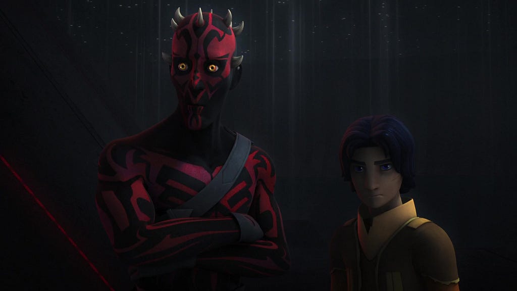 Ezra Bridger befriends Maul, formerly the Sith Lord Darth Maul, on Malachor. S2E18 of Star Wars Rebels.