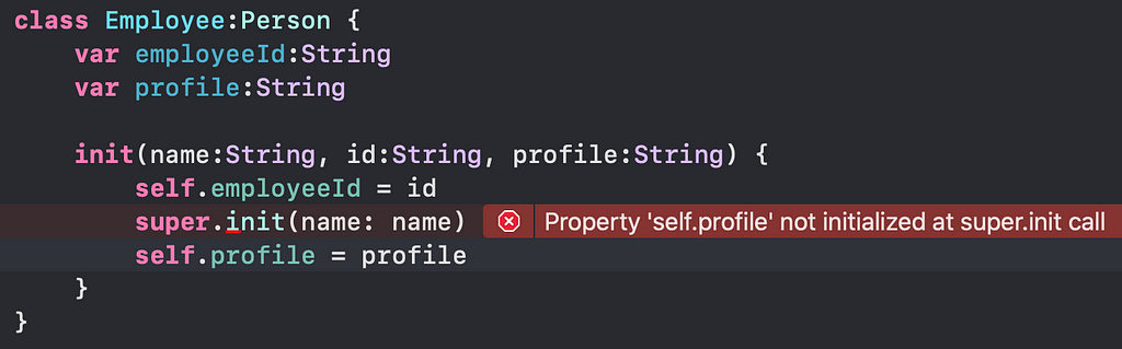 Example showing Swift’s two phase initialization’s safety rule
