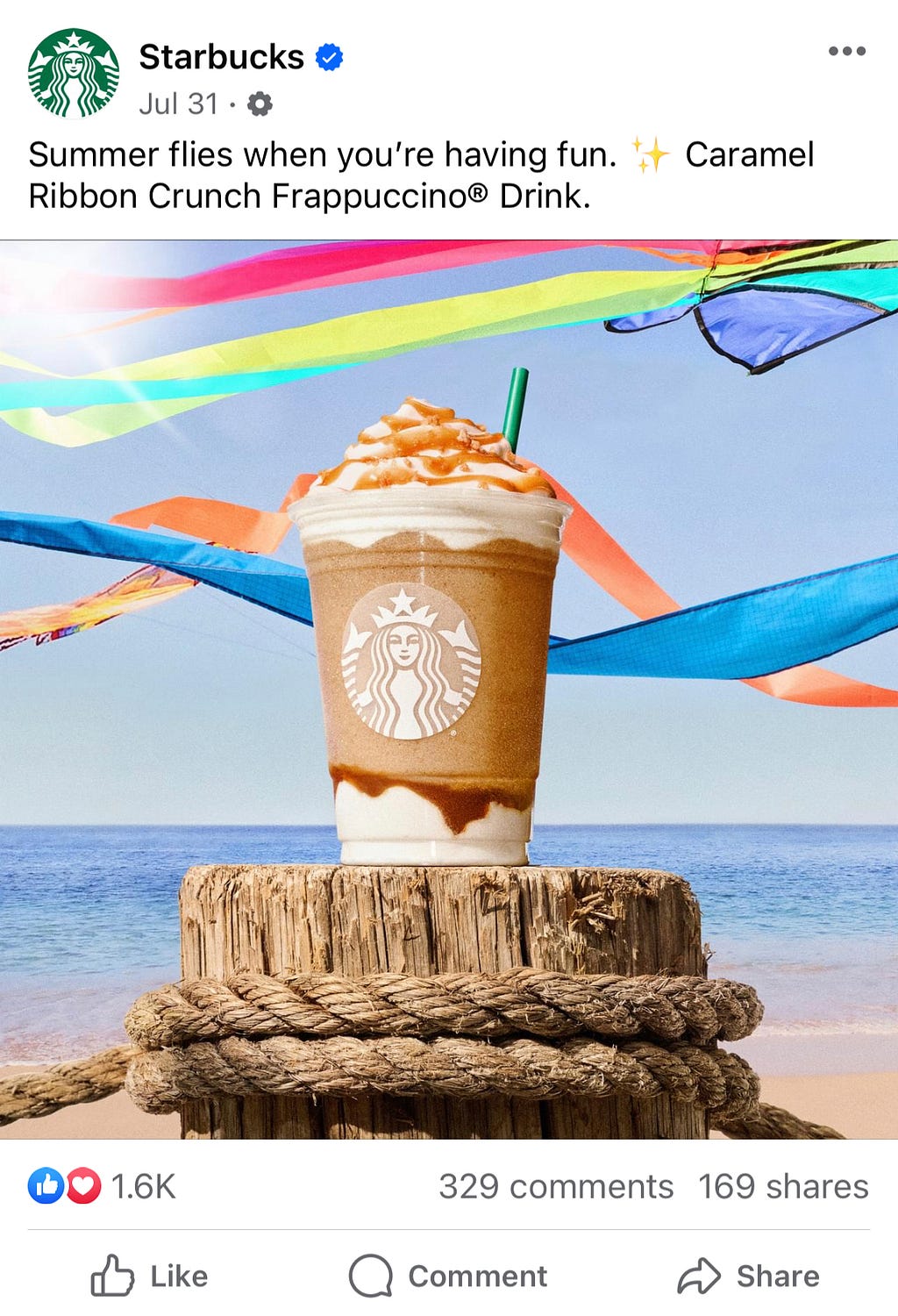 Screen capture of Starbucks Facebook post advertising Caramel Ribbon Crunch Frappuccino in front of beach background with kites flying behind.