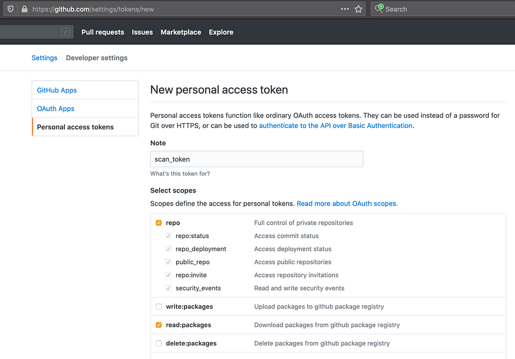 GitHub personal access token settings
