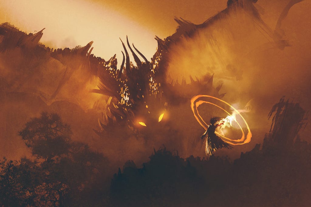 Image: A figure with one hand glowing magically facing off against a huge, menacing dragon in the mist.