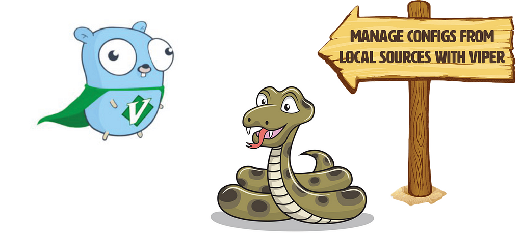 Picture of a Golang gopher and a viper next to a sign that says “manage configs from local sources with Viper”