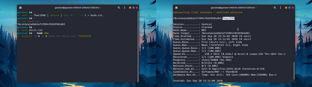 Running Hashcat using MD5 algorithm and attack mode “hybrid”.