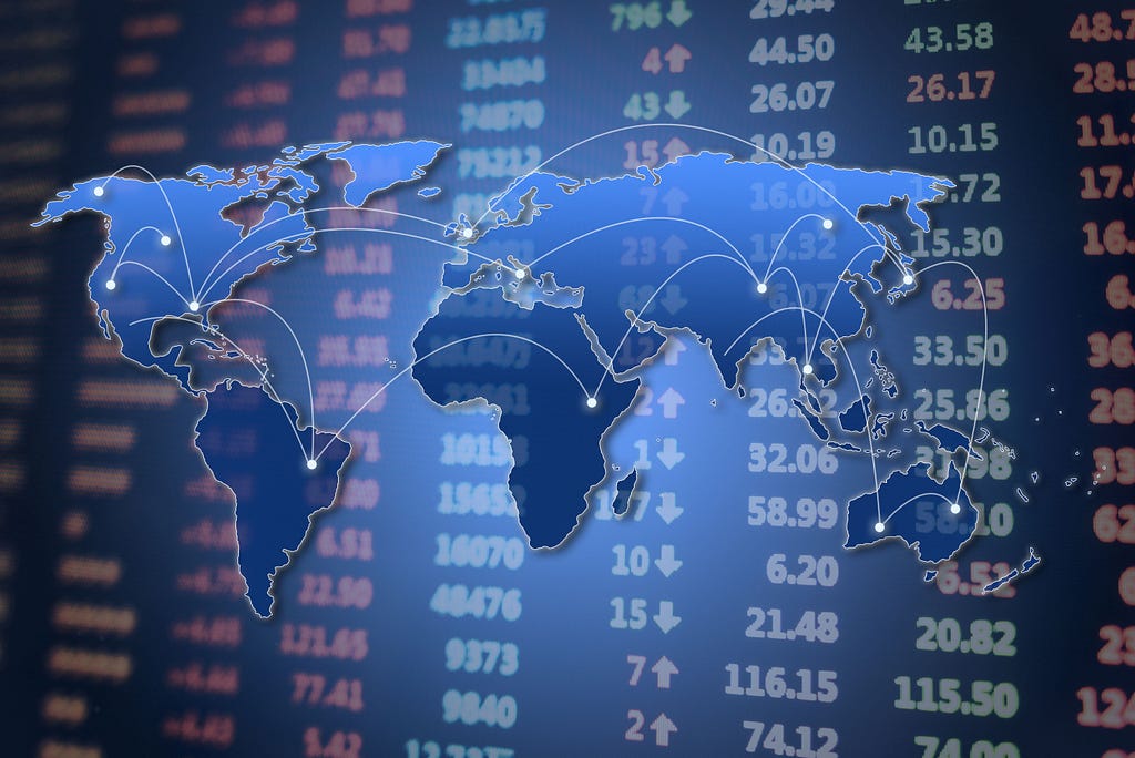 Blue world map technology connection path with stock market background