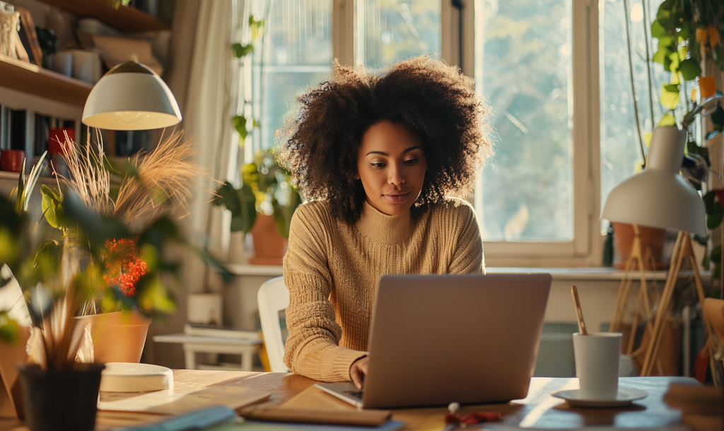 Woman using a laptop in a relaxed room setting.