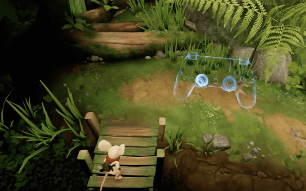 Moss VR game with an image of a ghosted controller in world