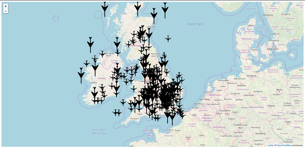 A map of the UK and Ireland with black aeroplane icons depicting their current location