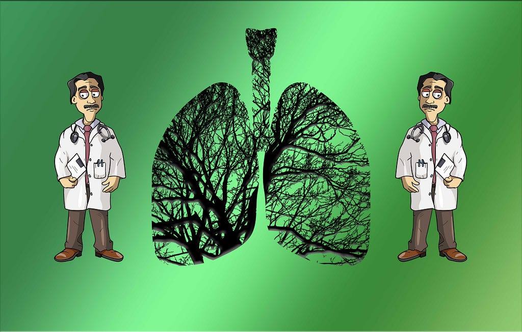 Cartoon images of doctors and image of lungs