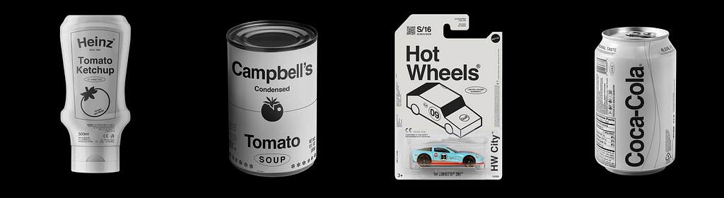 Image of four iconic brands (Heinz ketchup, Campbell’s tomato soup, Hot Wheels, and Coca-Cola) with their trademark colours and unique fonts removed.