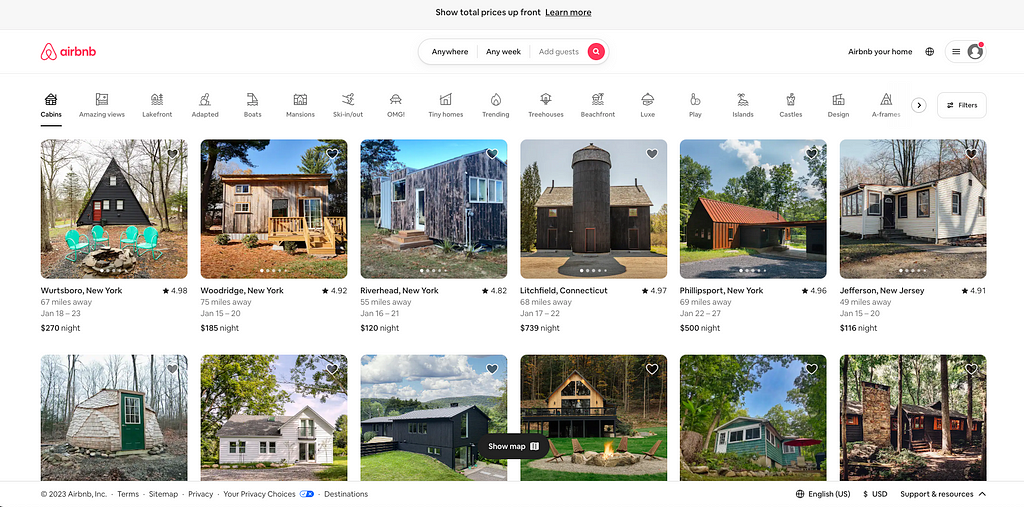 Thumbnail images of Airbnb properties on the homescreen