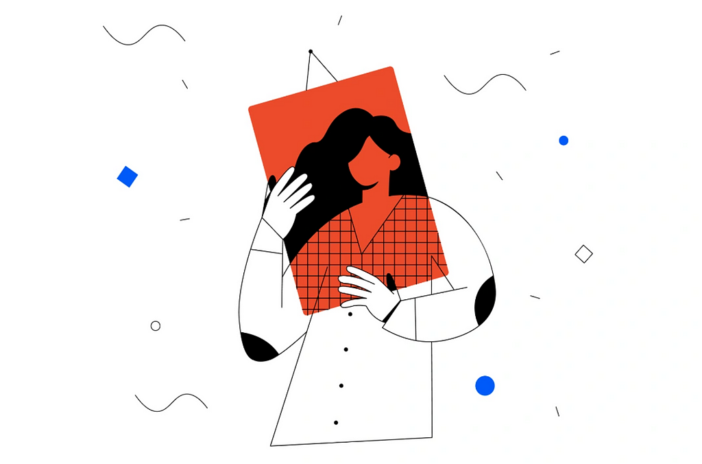 The image showcases a modern illustration. A person in a white outfit holds up a red rectangular frame. Inside the frame, a portrait of a woman with wavy hair appears. The background is white with sparse geometric shapes and wavy lines, punctuated by small blue dots.