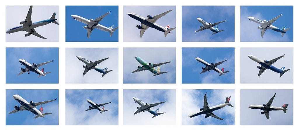 A collage of aircraft flying overhead Seattle during a 30-minute period.