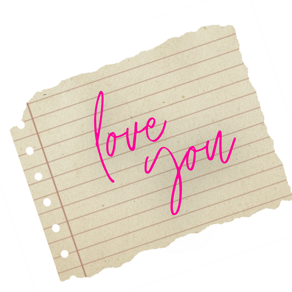 Lined paper with “love you” scribbled on it.