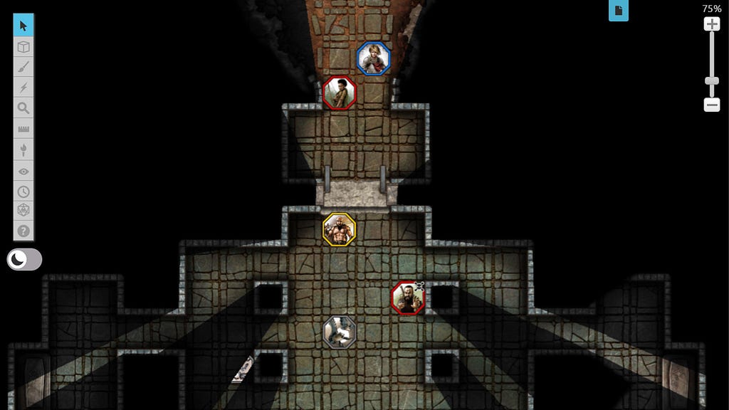 An aerial shot into a dungeon with pillars and stone ground surrounded by black pits with tokens scattered across the map for Roll20.