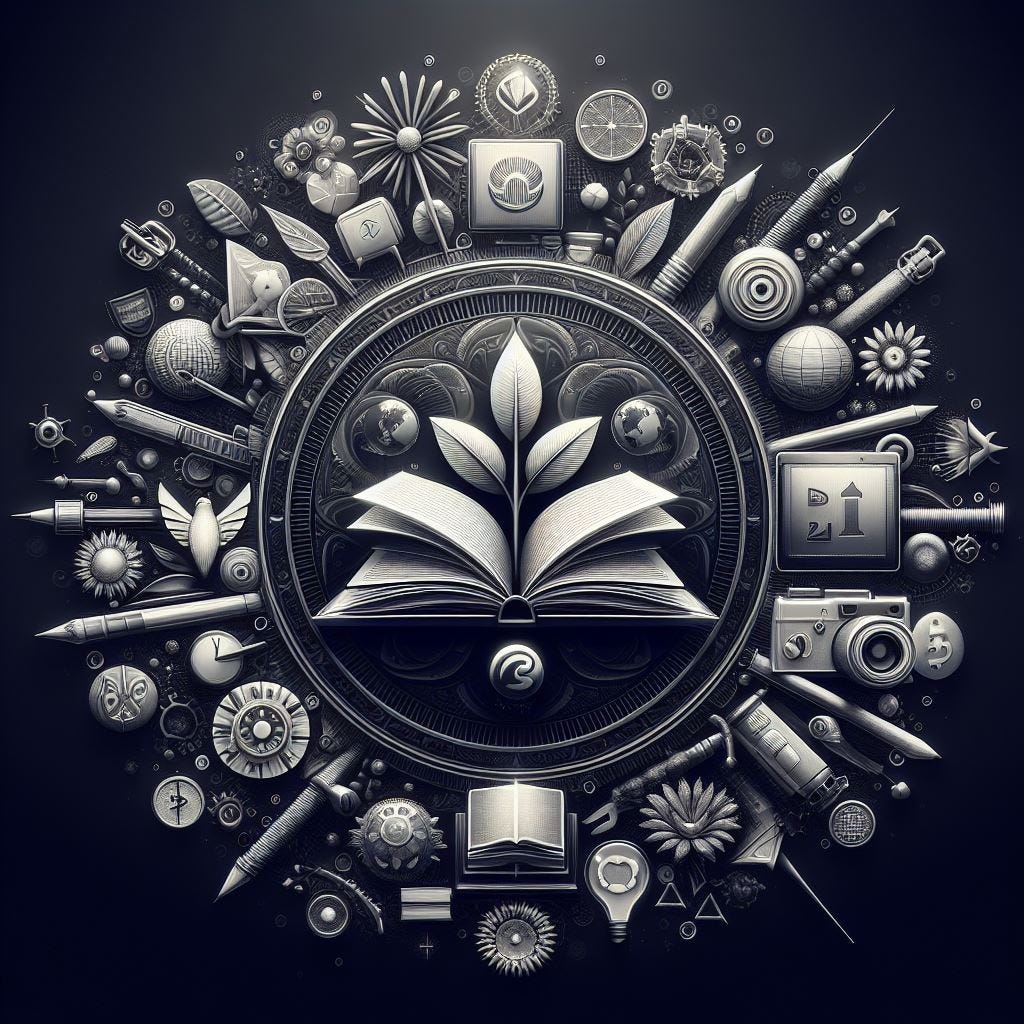 A badge symbolizing content in many forms. In the badge, a ornated book is open in front of a round badge, with many objects related to content coming outside like a sun.