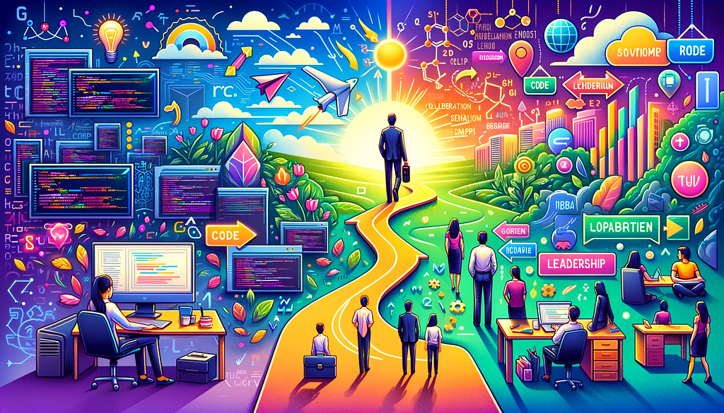 Digital illustration of a front-end developer’s transition to a team leader, depicting the evolution from coding at a workstation to leading a diverse team, symbolizing growth in leadership and collaboration in a tech environment