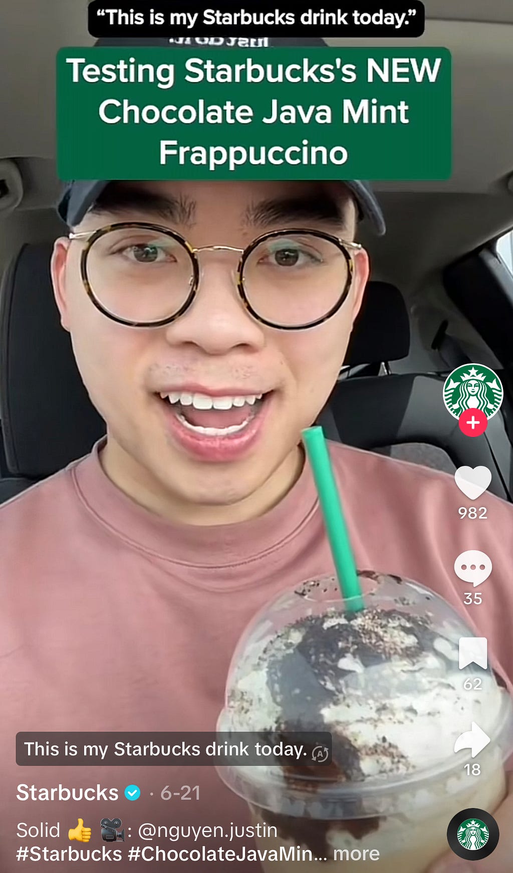 Screen capture of Starbucks TikTok post utilizing user generated content advertising their new Frappuccino.