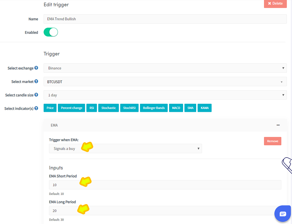 EMA Trigger Settings