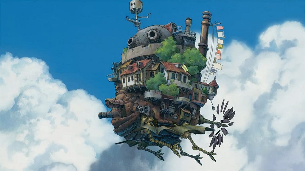 A castle of sorts with legs, flying in the clouds