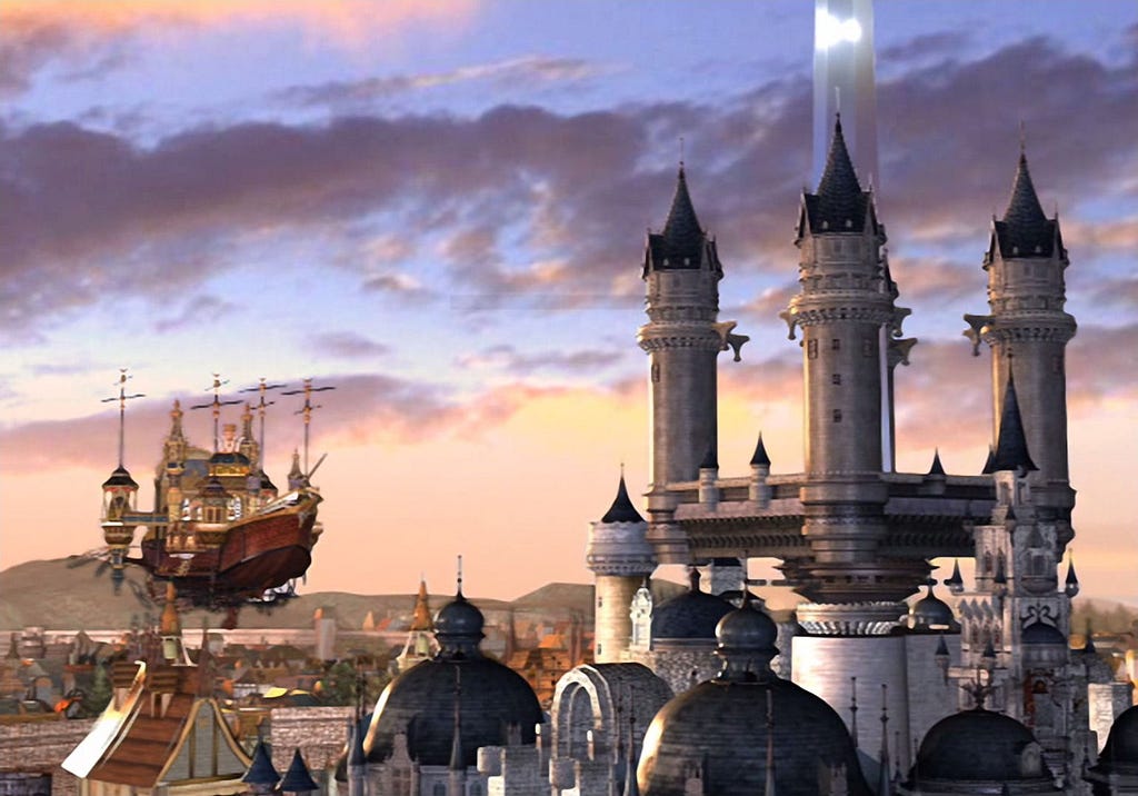 Un castello di una città di Final Fantasy IX, al quale si avvicina una nave volante.